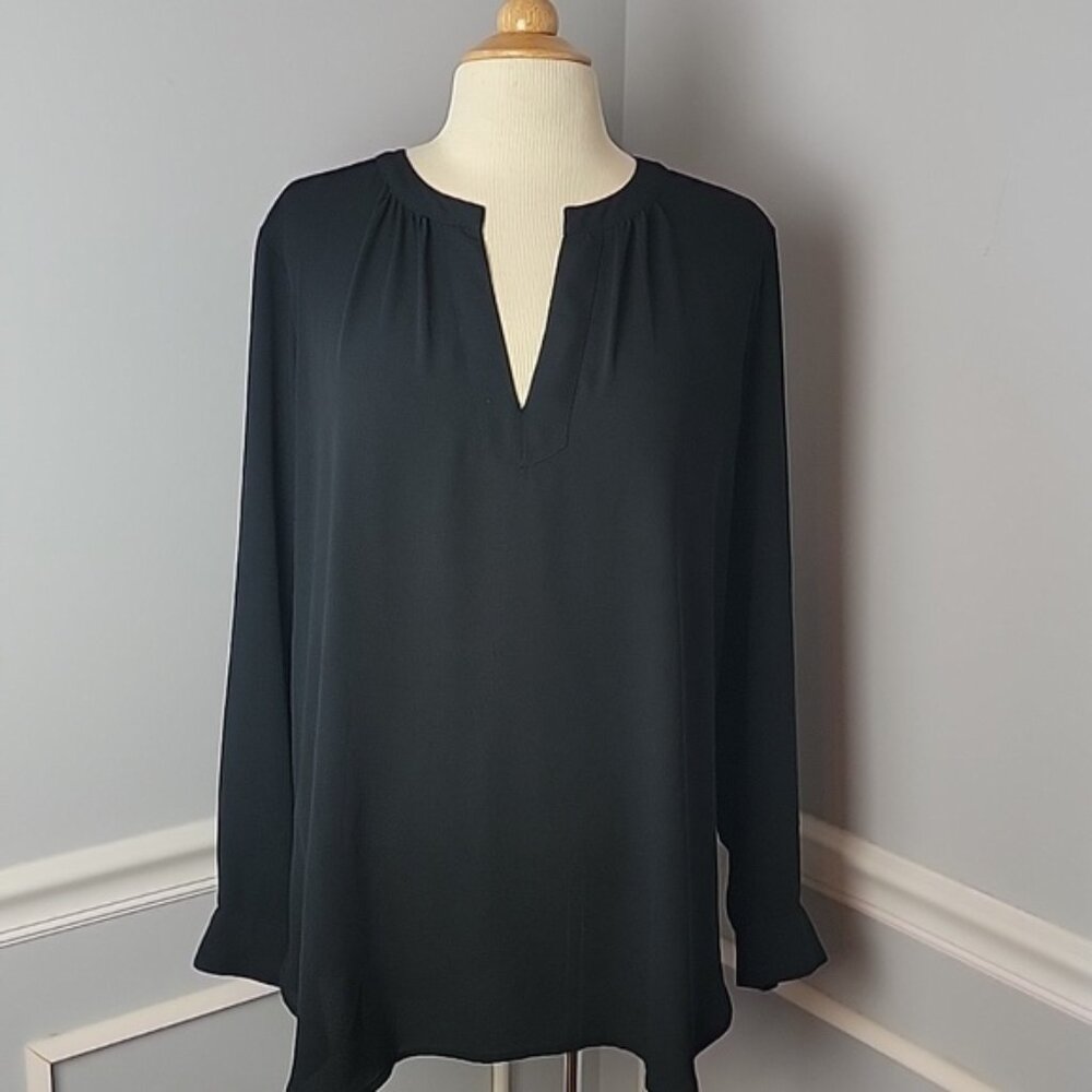 LOFT Black Semi-Sheer Ruched Deep V-Neck Long Sleeve Round Hem Tunic Blouse READ